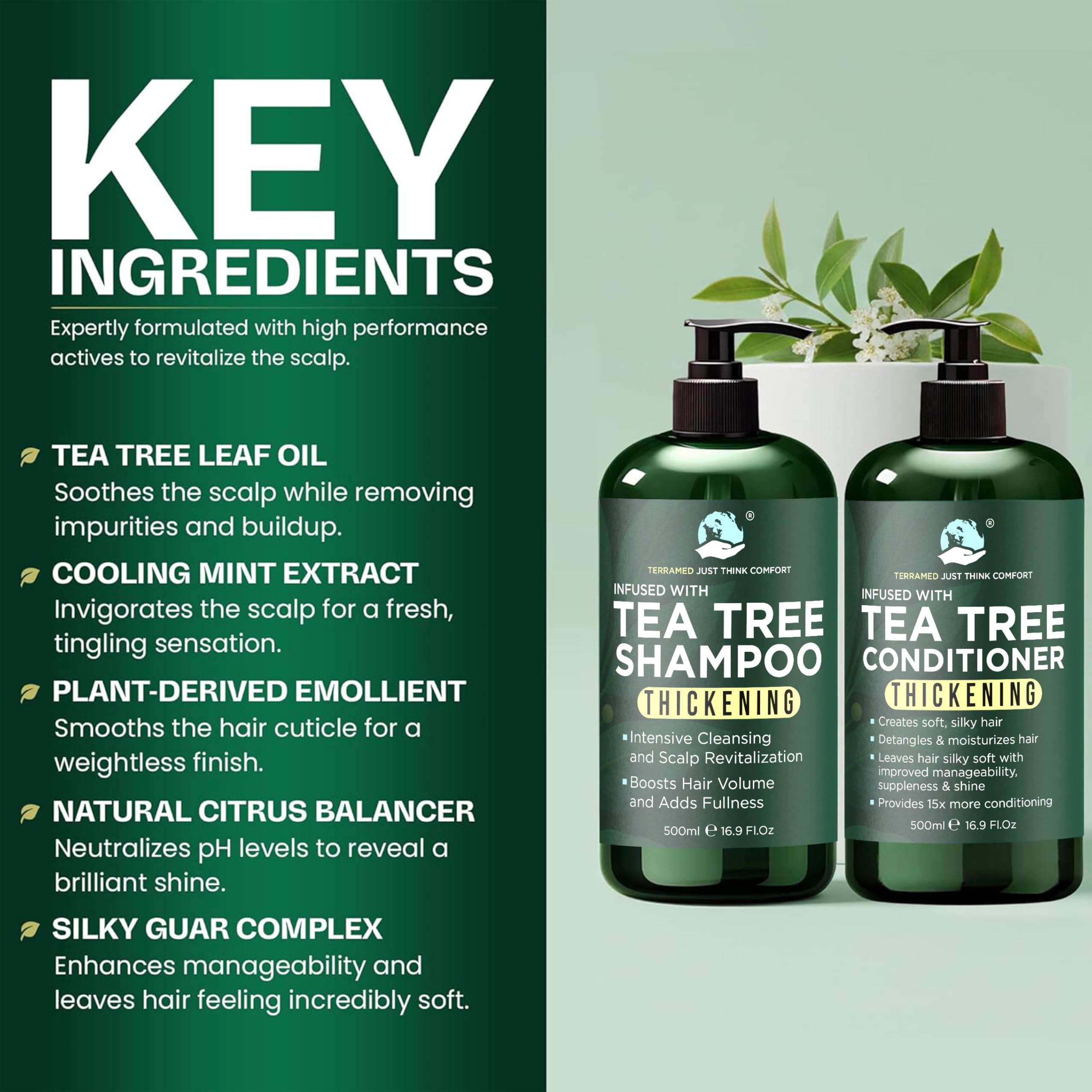 Terramed Tea Tree Conditioner 500ml closeup, promoting fuller-feeling hair with regular use.