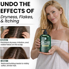 Terramed Tea Tree Shampoo pouring action demonstrating easy daily application.