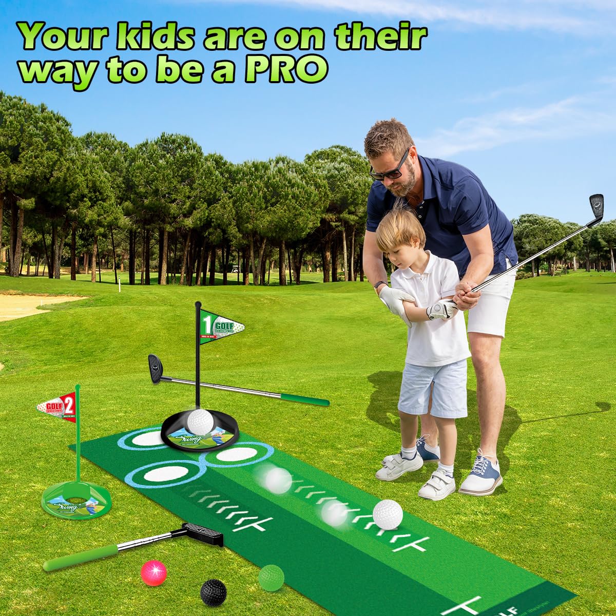 Terramus green golf balls offer visible targets for beginners.