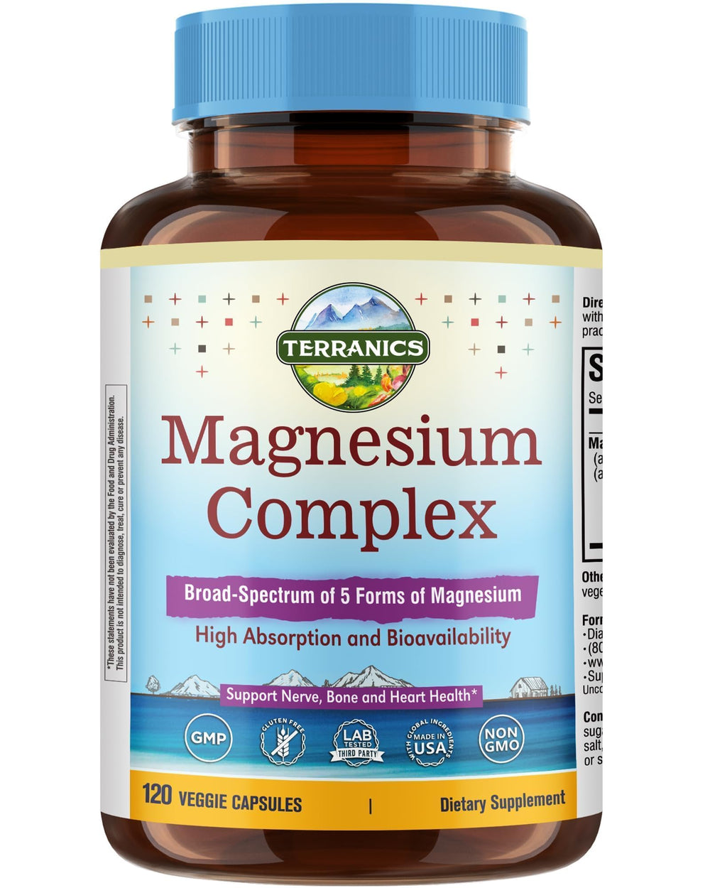 Terranics 5-in-1 Magnesium Complex bottle showing five chelated forms for broad support