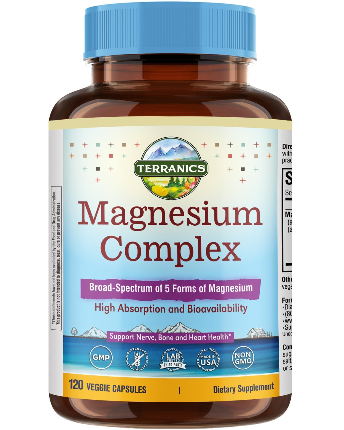 Terranics 5-in-1 Magnesium Complex bottle showing five chelated forms for broad support
