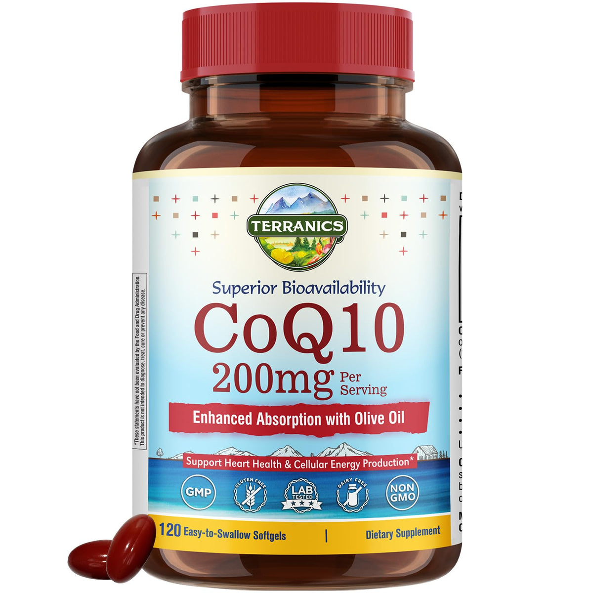 Terranics CoQ10 softgel bottle for easy daily heart support.