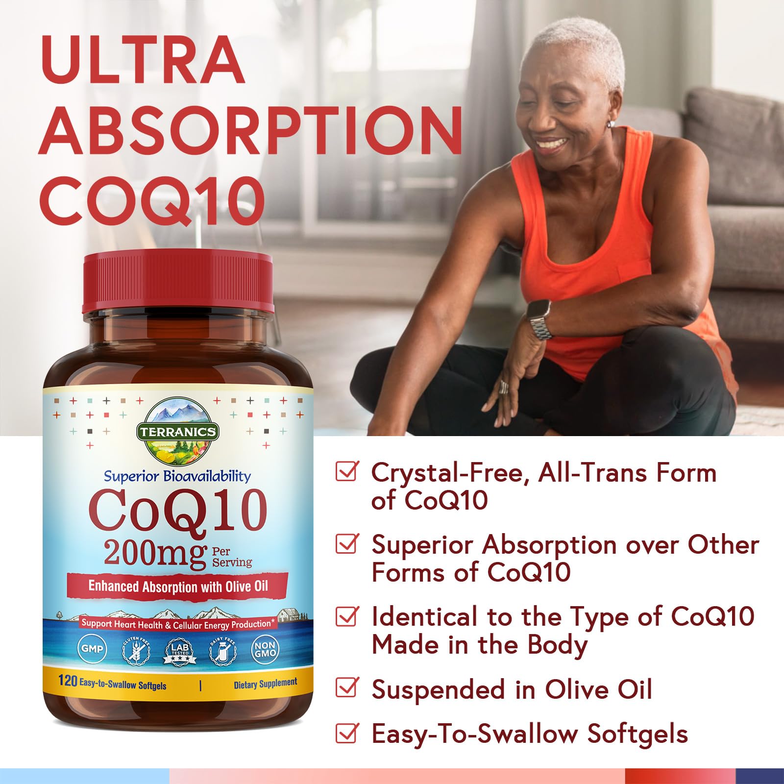 Terranics CoQ10 softgels close-up showing convenient dosing.