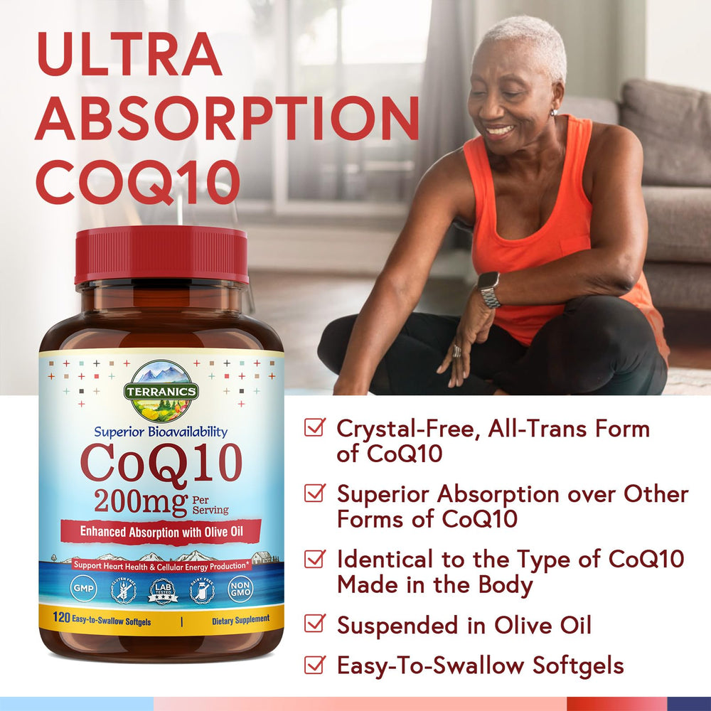 Terranics CoQ10 softgels close-up showing convenient dosing.