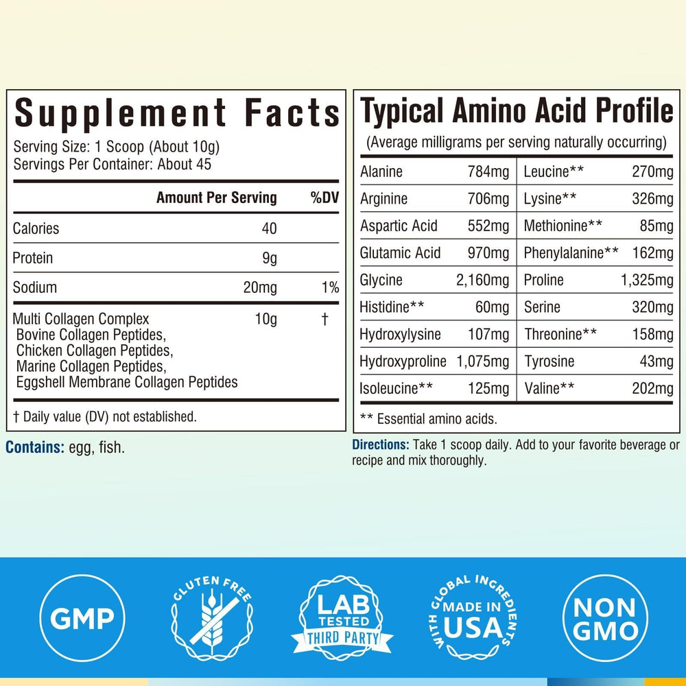 Terranics collagen powder scoop shows 10g serving for easy measurement