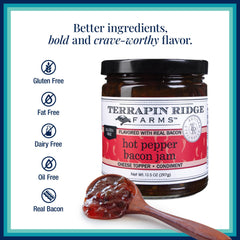 Terrapin Ridge hot pepper bacon jam charcuterie board with crackers elevates snacking.