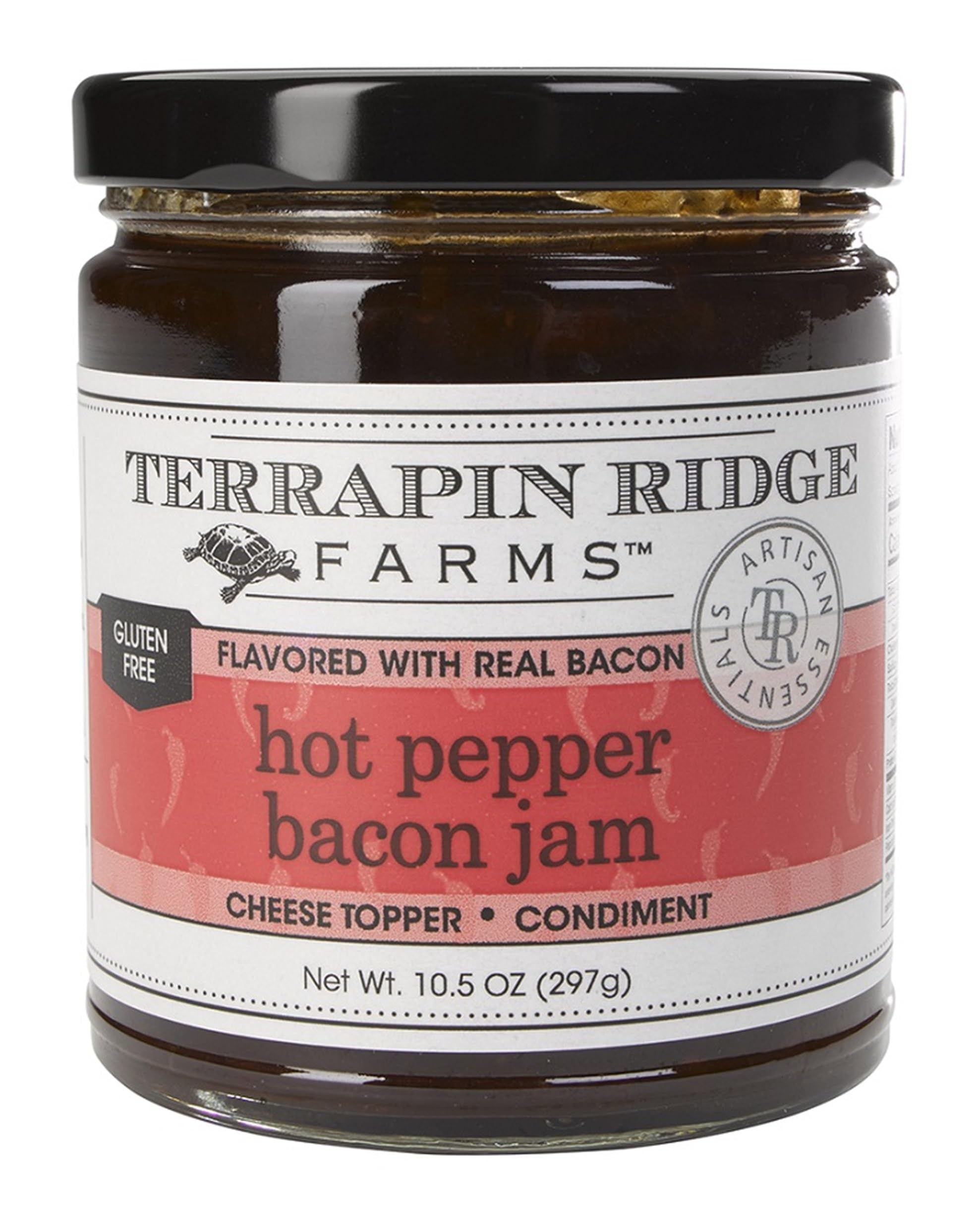 Terrapin Ridge hot pepper bacon jam jar on counter highlights bold flavor.