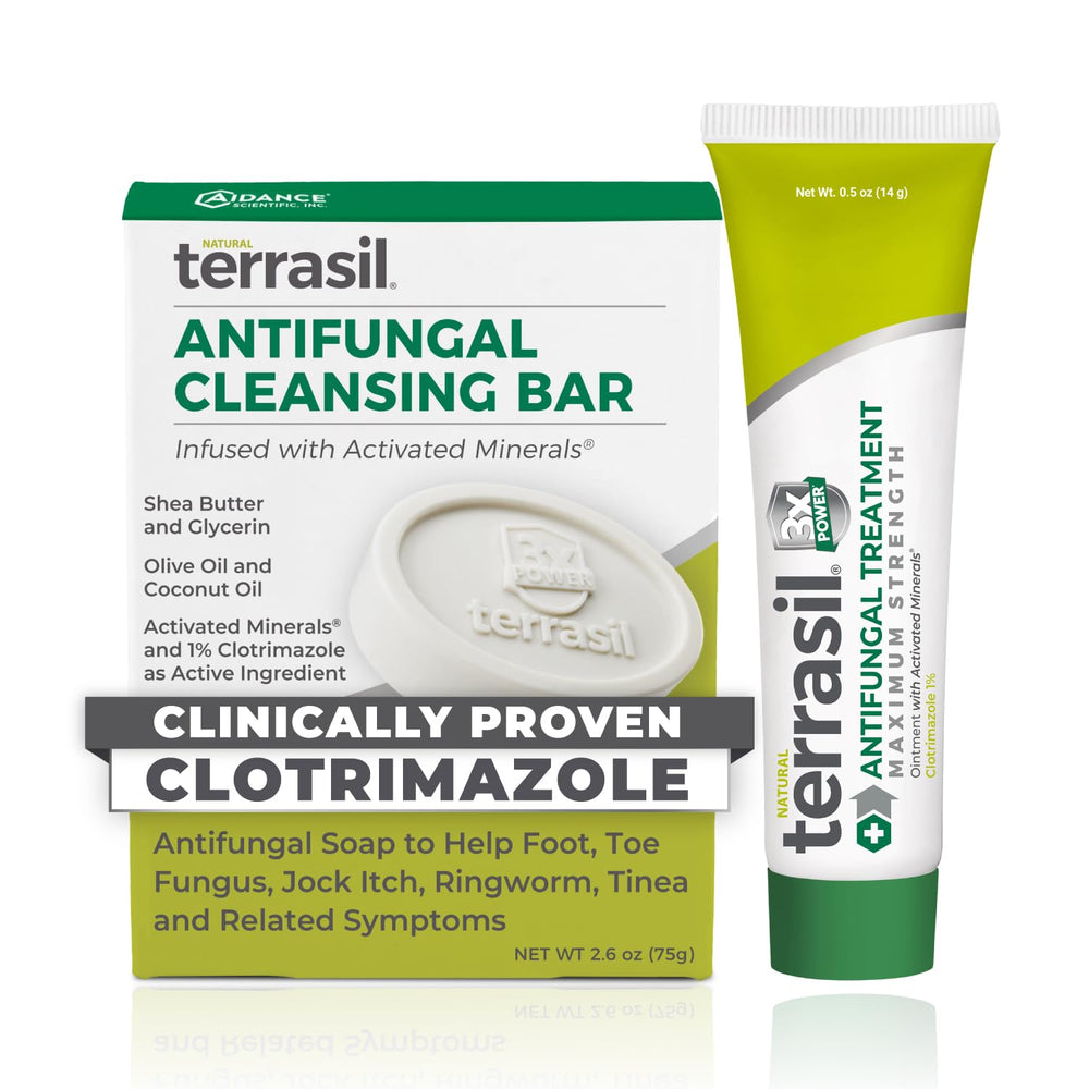 Terrasil antifungal cream tube being applied for targeted relief.