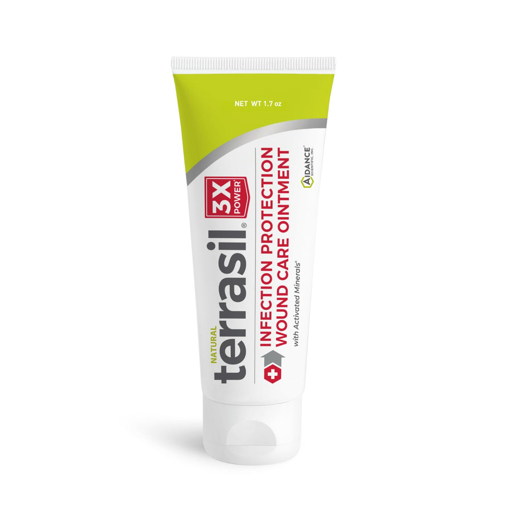 Terrasil Wound Care bottle on table showing a protective barrier for skin.