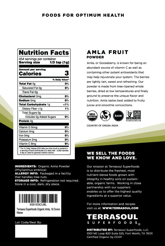 Terrasoul Amla Berry Powder organic label front: verified organic quality