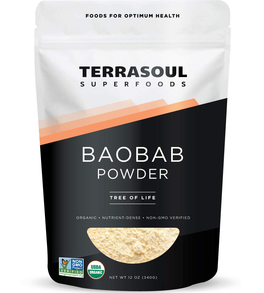 Terrasoul Baobab powder tin front highlights citrusy flavor and nutrients