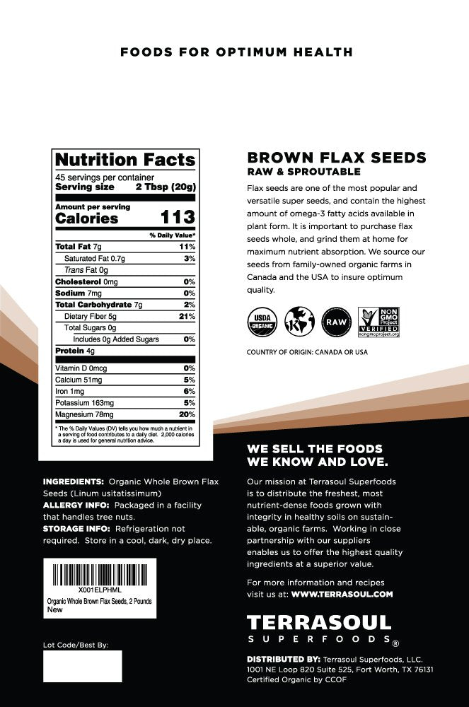 Terrasoul brown flax seeds 2lb pouch close-up, raw and nutrient-rich for meals