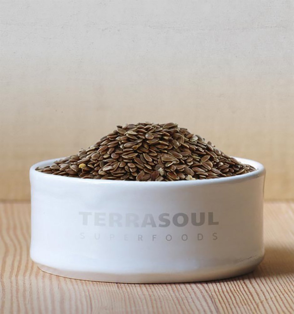Terrasoul Brown Flax Seeds in bowl ready to mix into batter or yogurt.