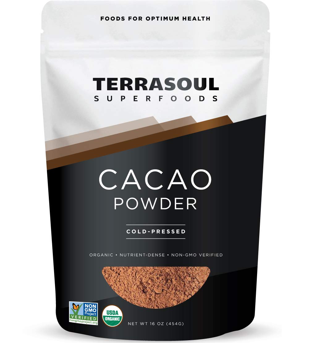 Terrasoul Superfoods cacao powder 1lb pouch close-up for baking and smoothies.