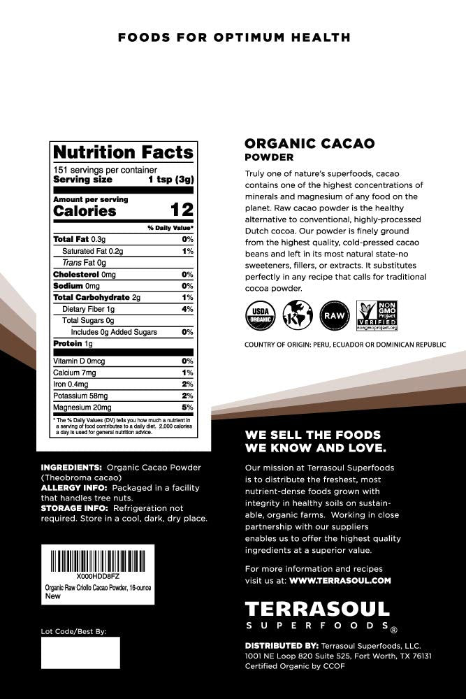 Terrasoul cacao powder bag close-up highlighting organic certification and quality.