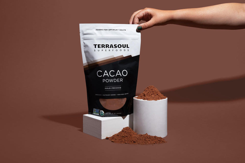 Terrasoul cacao powder 1lb pouch on kitchen counter.