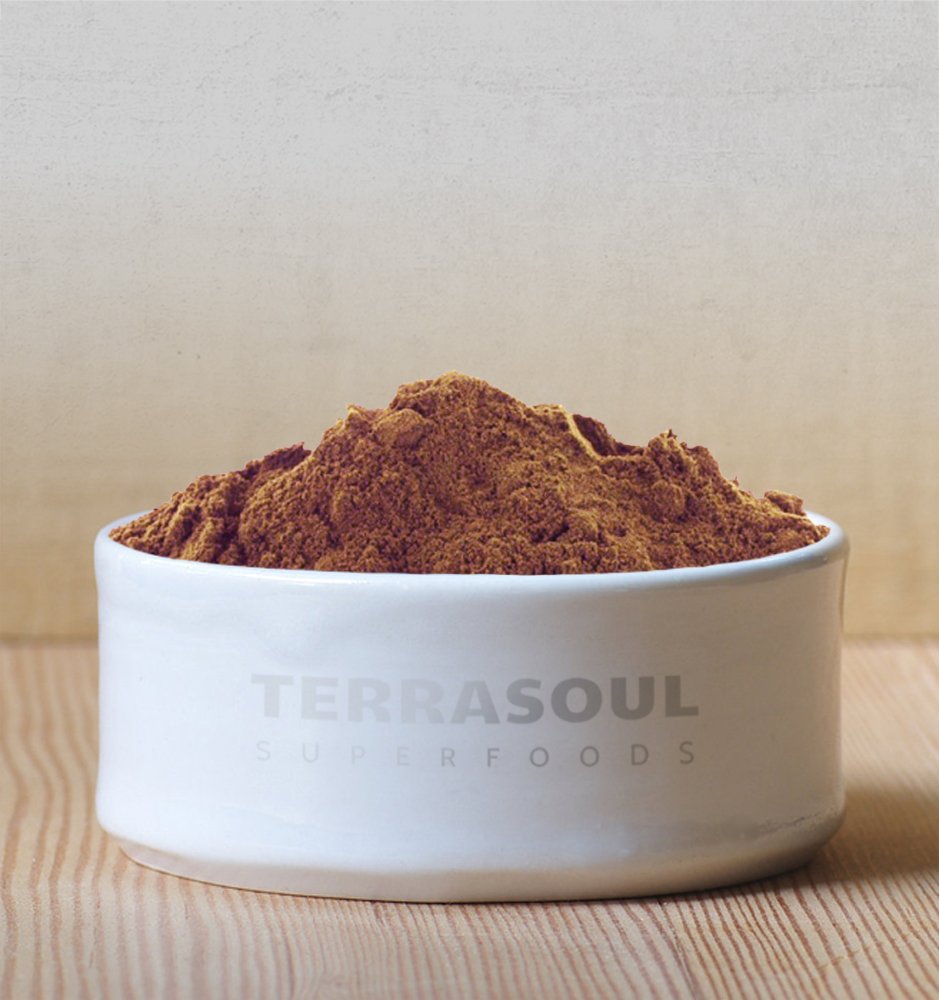 Terrasoul cacao powder in a smoothie bowl with toppings.