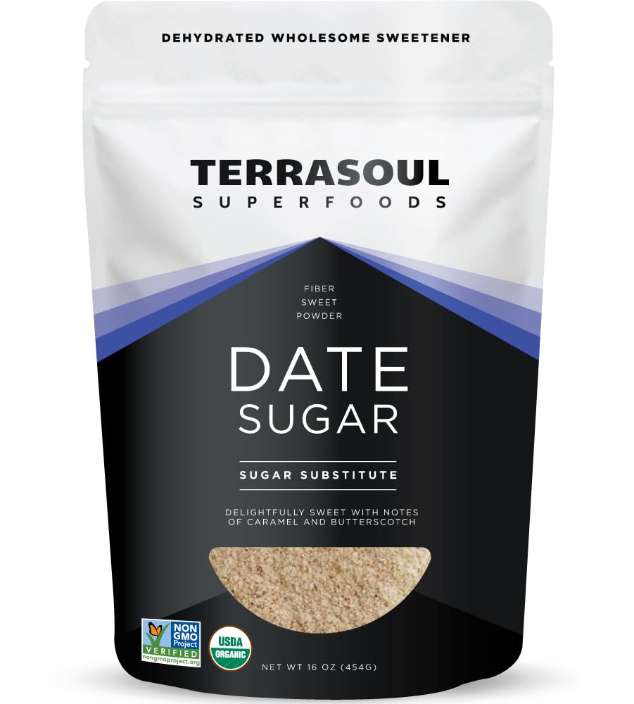 Terrasoul Date Sugar bottle showing natural sweetness for baking and beverages.