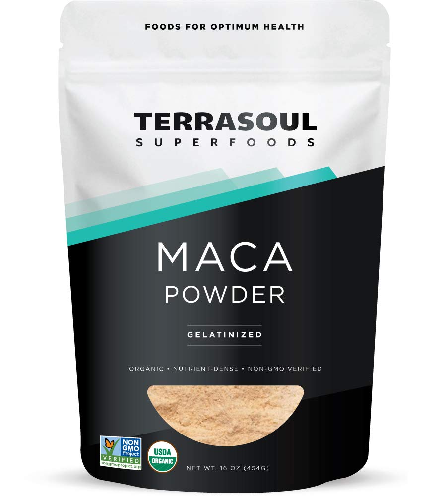 Terrasoul gelatinized maca powder bag for easy smoothie prep.