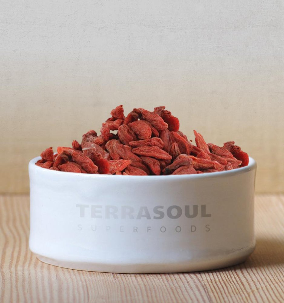 Terrasoul Goji Berries in bowl ready for topping oats or yogurt.