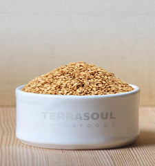 Terrasoul Golden Flax Seeds ground-powder scene highlights easy incorporation into recipes.