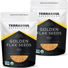 Terrasoul Golden Flax Seeds pack shot highlighting a fiber-rich pantry staple for breakfast and baking.