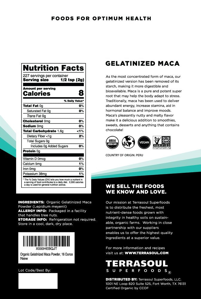 Terrasoul maca powder scoop beside the 16-ounce pouch for convenient dosing.
