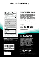 Terrasoul maca powder scoop beside the 16-ounce pouch for convenient dosing.
