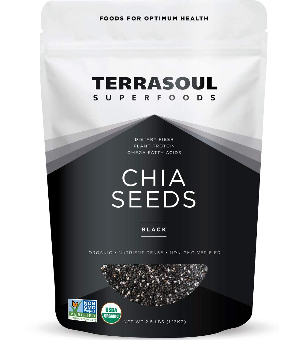 Terrasoul Organic Black Chia Seeds bag closeup showing organic quality and packaging.