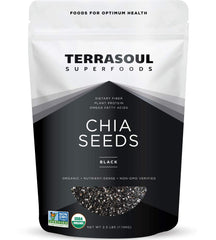 Terrasoul Organic Black Chia Seeds bag closeup showing organic quality and packaging.