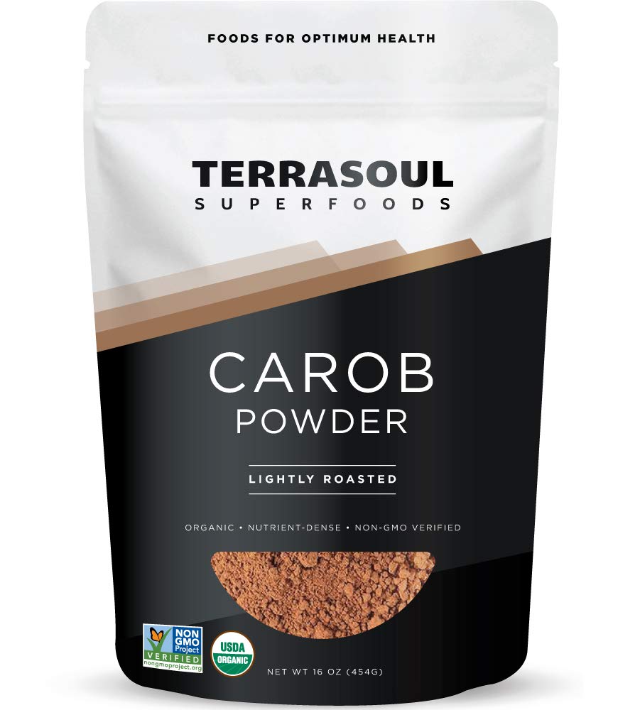 Terrasoul Organic Carob Powder 1lb canister, ideal cocoa substitute for baking.