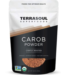 Terrasoul Organic Carob Powder 1lb canister, ideal cocoa substitute for baking.