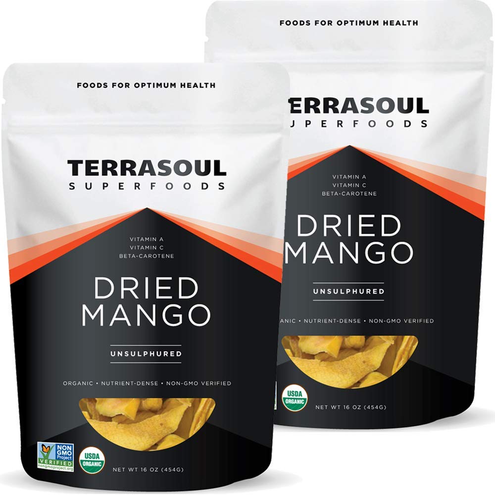 Terrasoul Organic Dried Mango Slices 2lb pack front for on-the-go snacking
