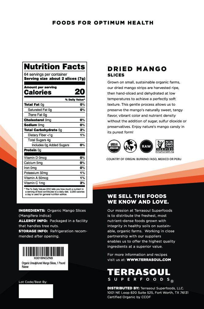 Terrasoul Organic Dried Mango Slices close-up texture showing chewy, naturally sweet fruit
