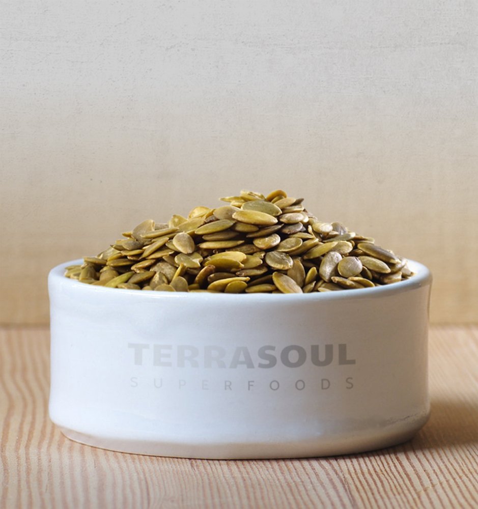 Terrasoul organic pumpkin seeds package front highlights freshness and quality.