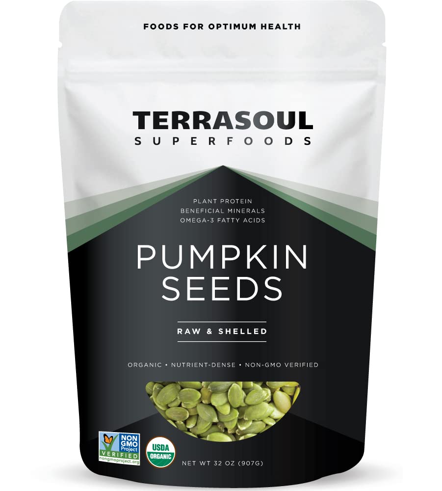 Terrasoul Organic Pumpkin Seeds in a bag, ideal for a protein-rich snack.