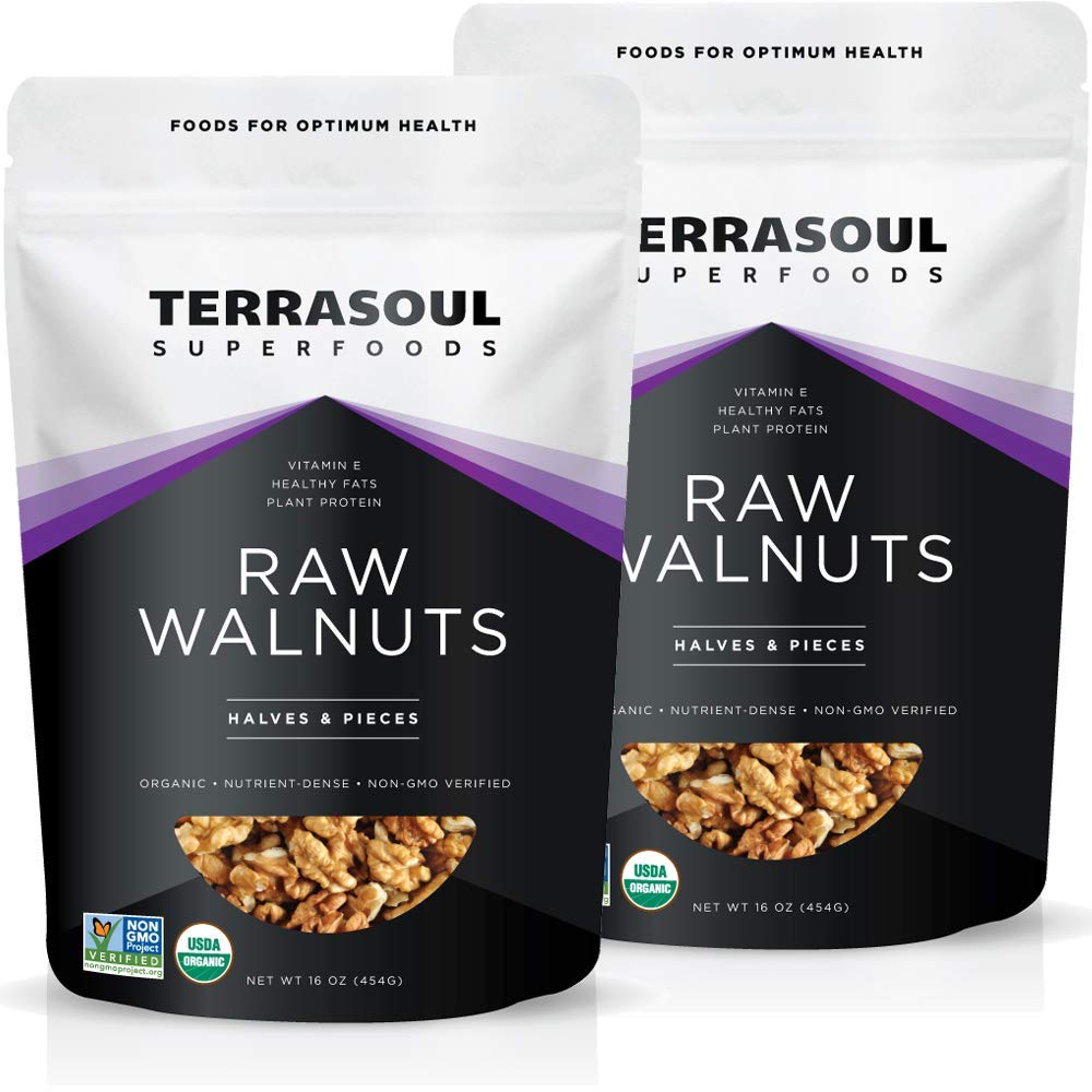 Terrasoul Organic Raw Walnuts Chandler halves; perfect for snacking or baking.