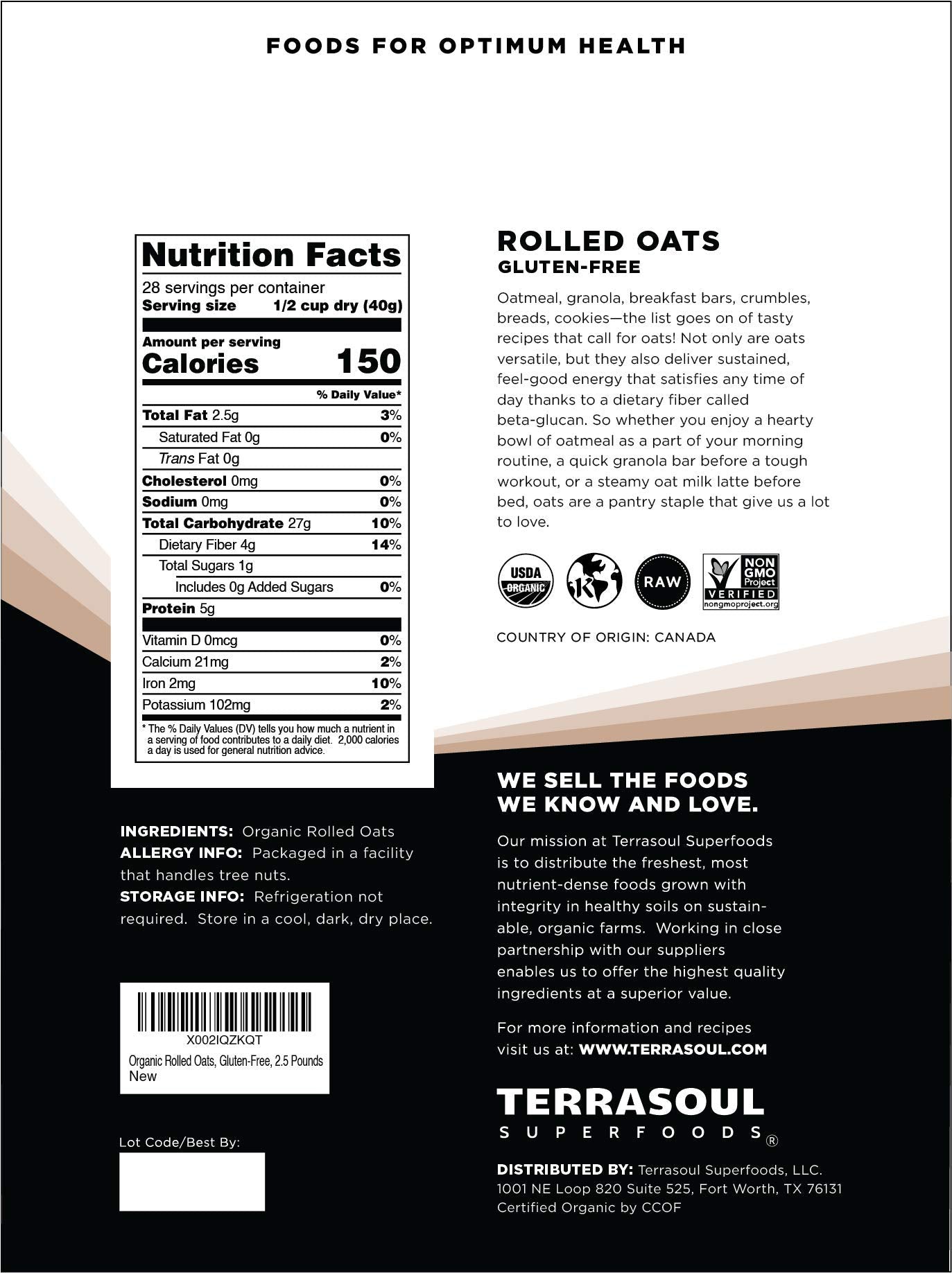 Terrasoul Organic Rolled Oats gluten-free certification for safe bowls