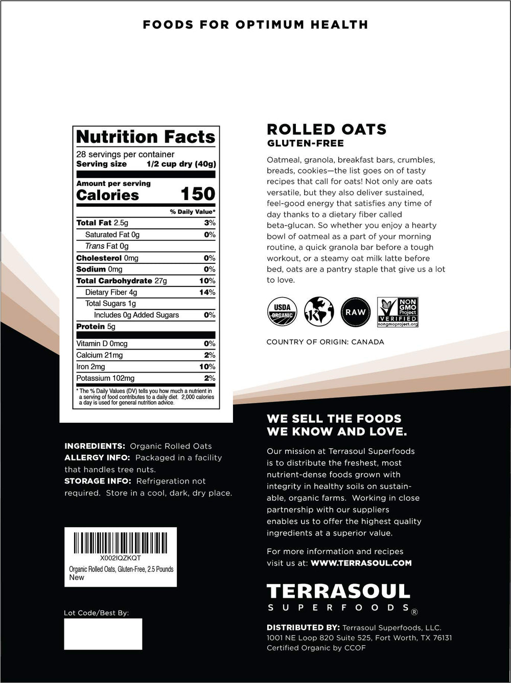 Terrasoul Organic Rolled Oats gluten-free certification for safe bowls