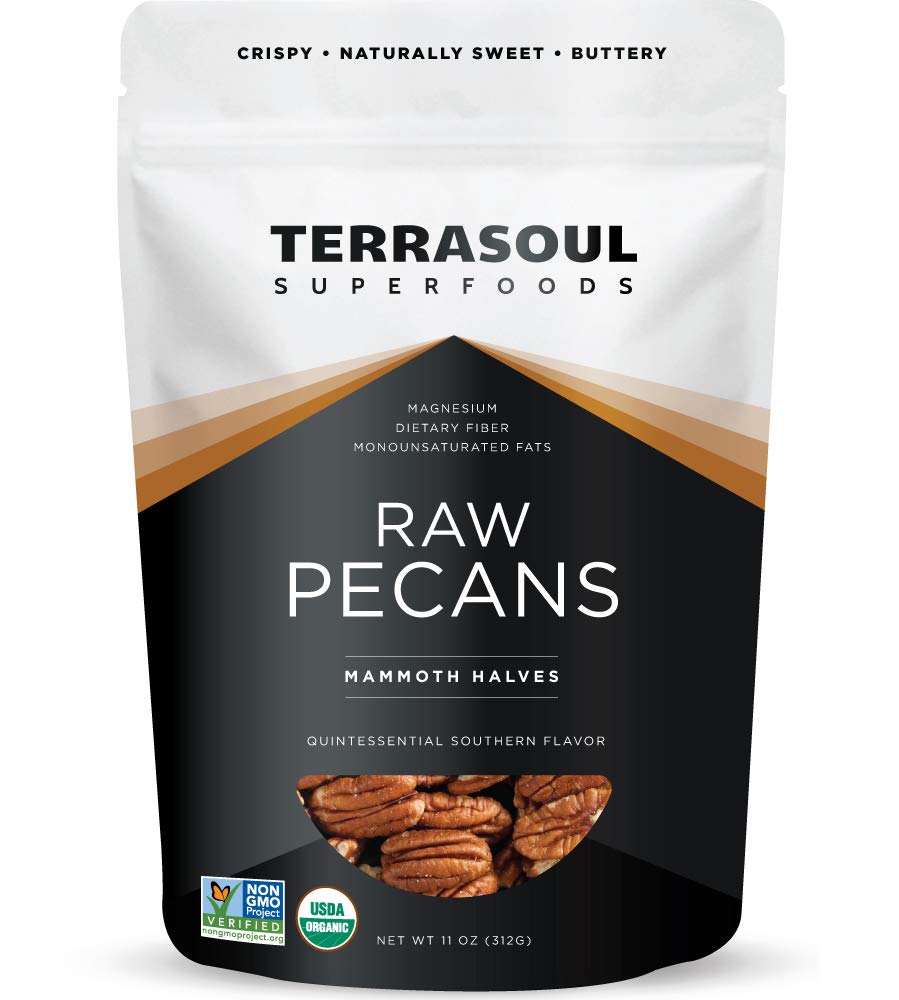 Terrasoul Organic Pecans Mammoth Halves in 11oz pouch for fresh snacking.