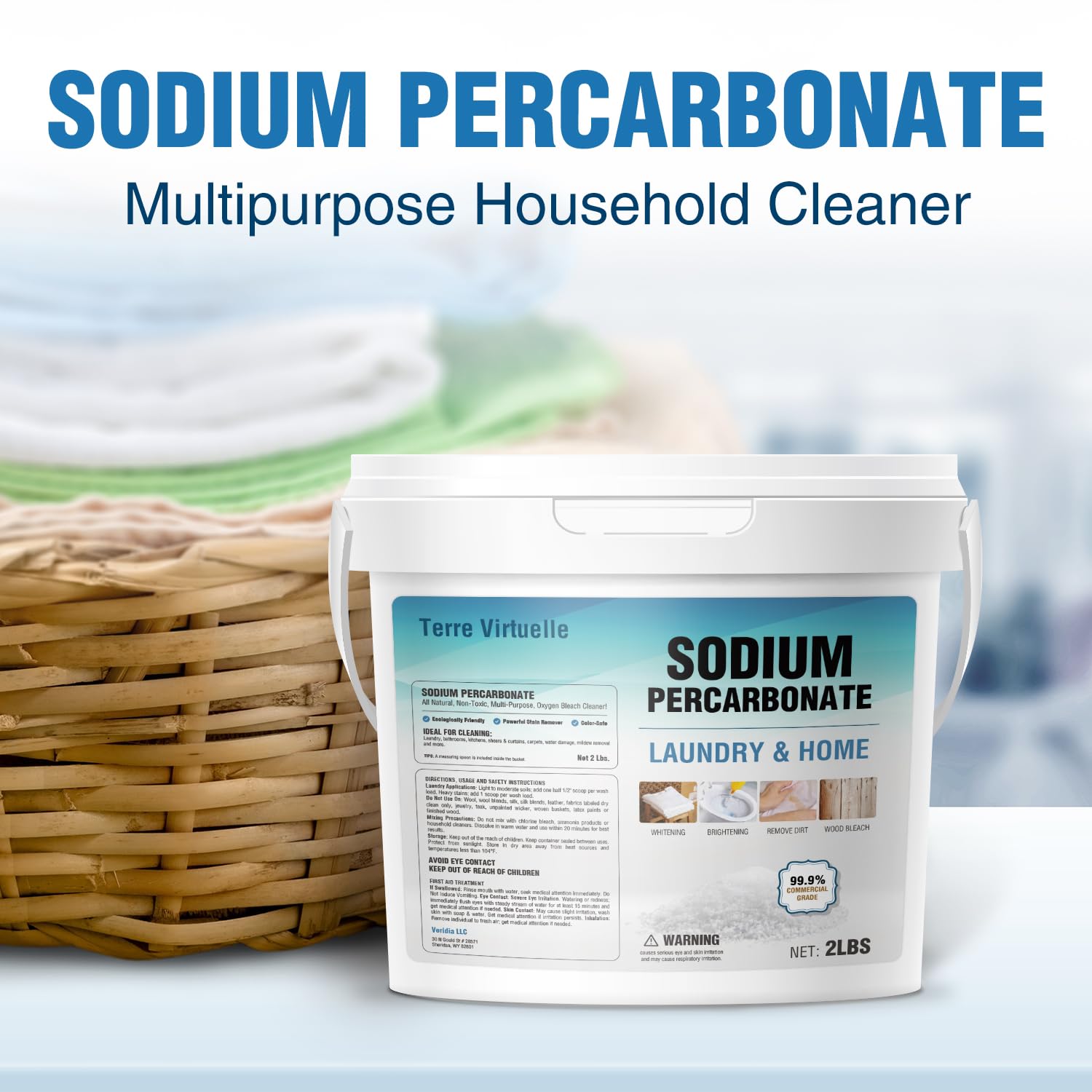 Terre Virtuelle oxygen bleach powder pouring to boost laundry whiteness.