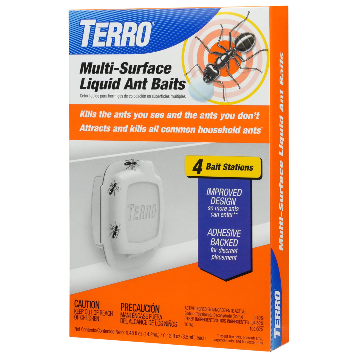Terro indoor liquid ant bait trap with adhesive strip for discreet wall placement.