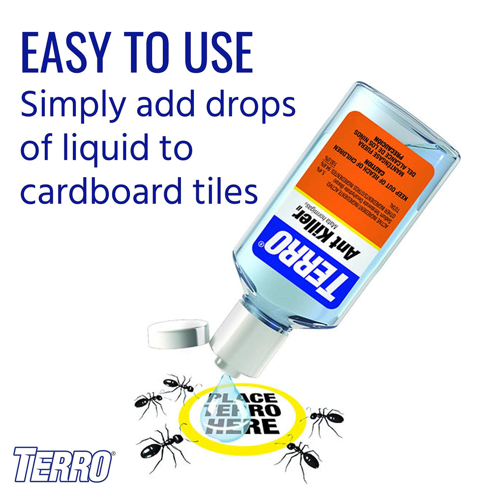 Terro T200-3SR bottle pouring onto tiles for targeted indoor baiting.