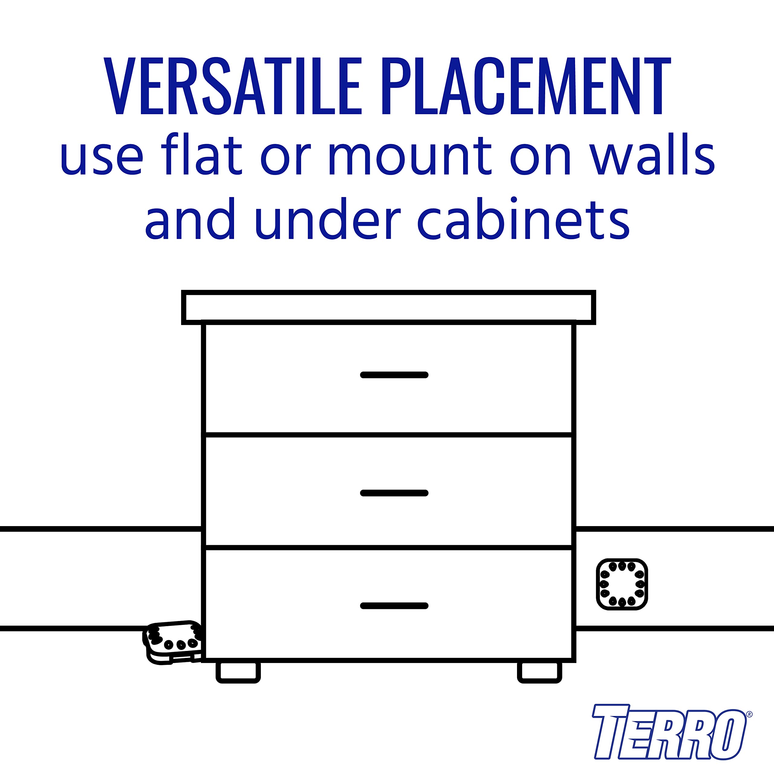 Adhesive strips on Terro T500SR enable wall or under-cabinet placement.