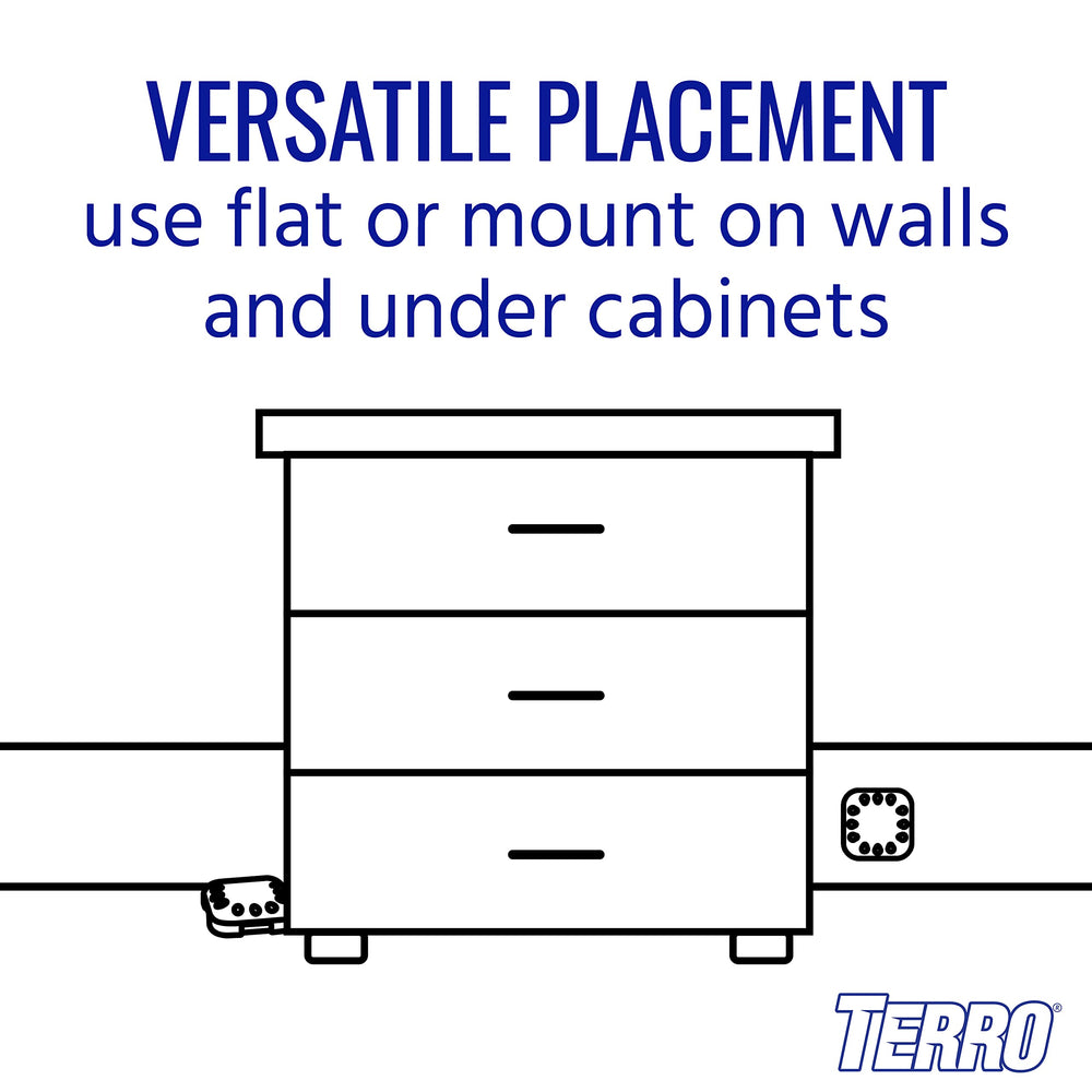 Adhesive strips on Terro T500SR enable wall or under-cabinet placement.