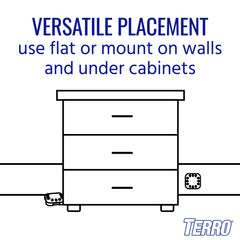 Adhesive strips on Terro T500SR enable wall or under-cabinet placement.