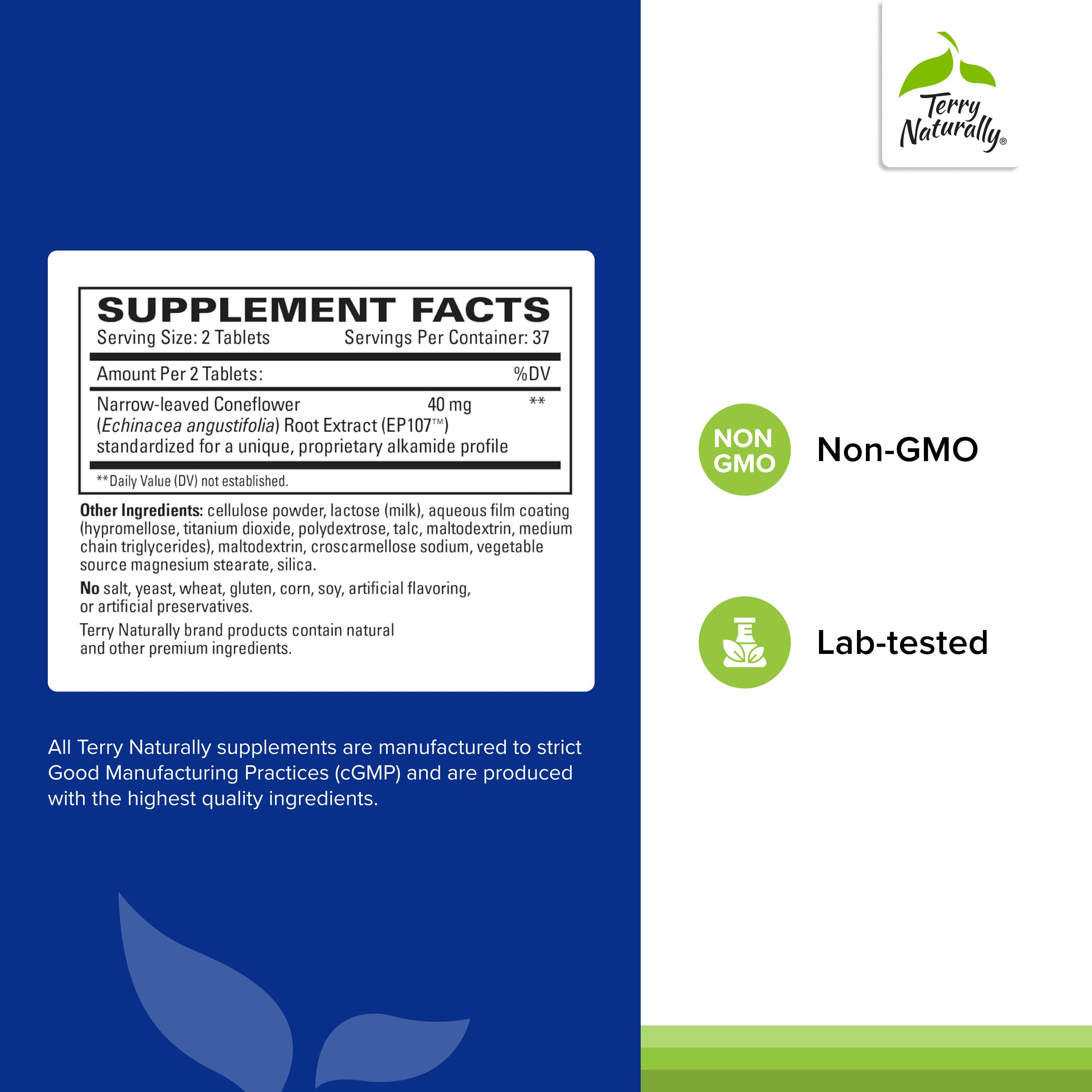 Terry Naturally AnxioCalm label close-up highlights EP107 extract for relaxation support
