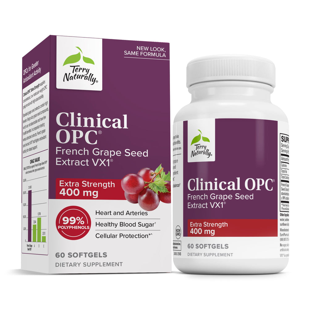 Terry Naturally Clinical OPC Extra Strength bottle front view showing immune and heart support.