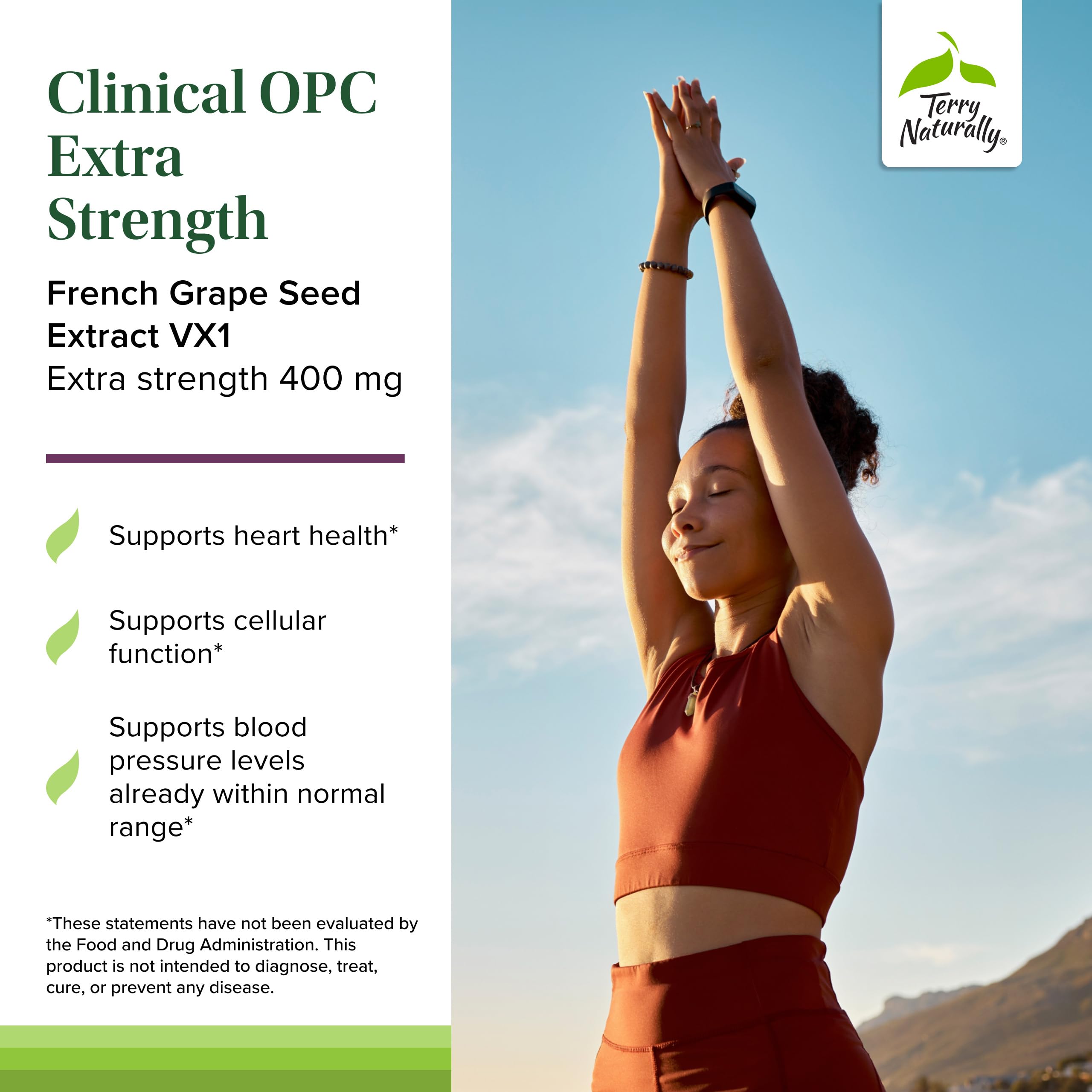 Terry Naturally OPC Extra Strength label close-up highlighting French grape seed extract.