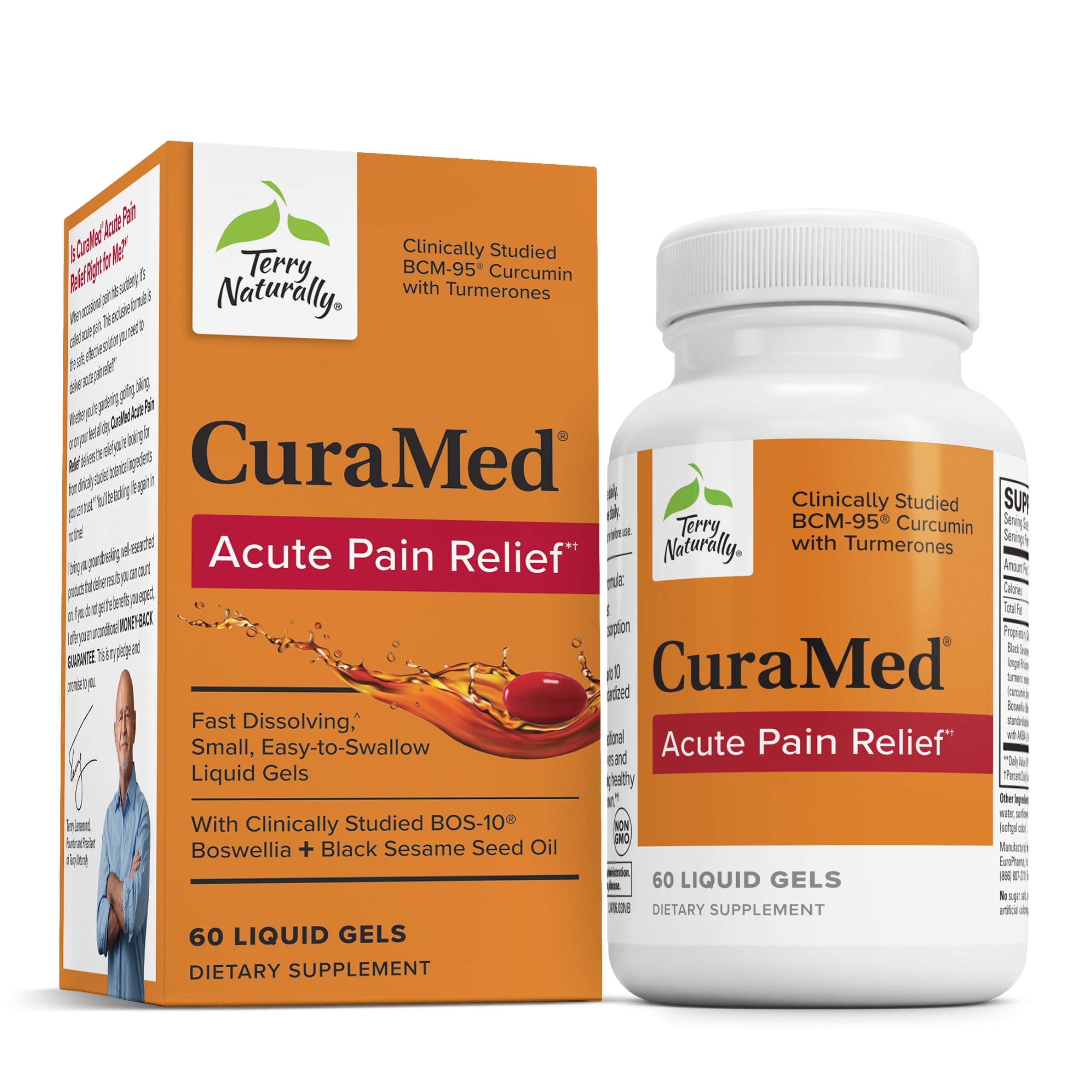 Terry Naturally CuraMed bottle close-up showing BCM-95 curcumin and boswellia for mobility support